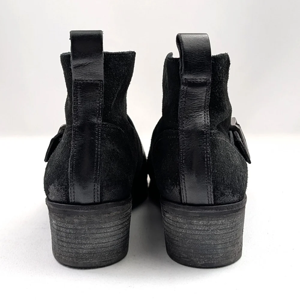 UGG Wright Ankle Boots Suede & Leather Belted Buckle Block Heel Pull On Black 8